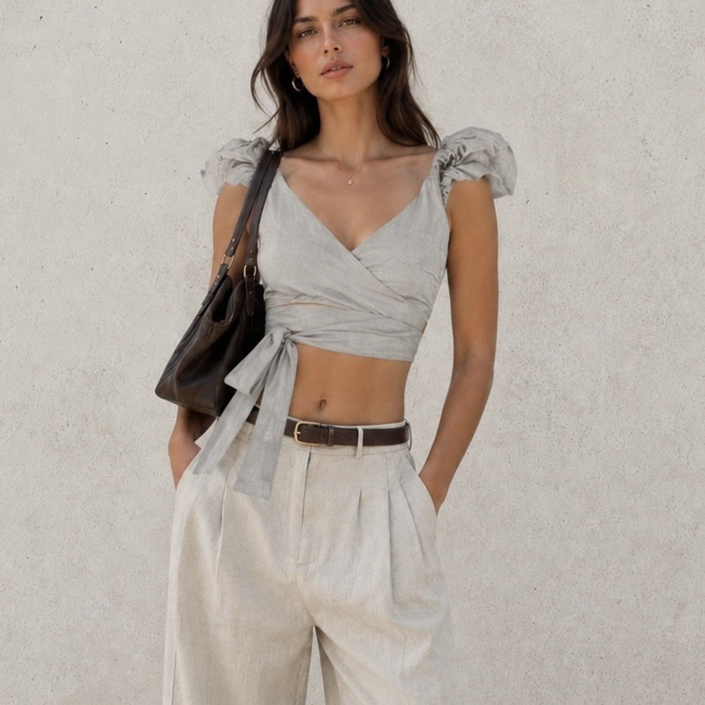 THE FEMM Linen Wrap‎ Crop Top Blouse Ruffle Sleeve Sz M